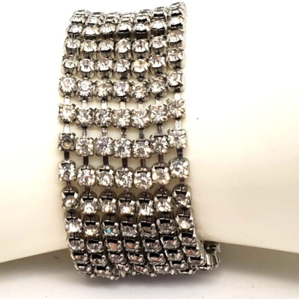 Multi Strand Rhinestone Bracelet Silver Tone MCM Wide‎ Tennis Hollywood Glamour